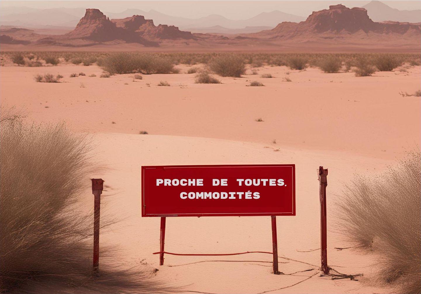 Un panneau “proche de toutes commodités” est planté dans le désert.