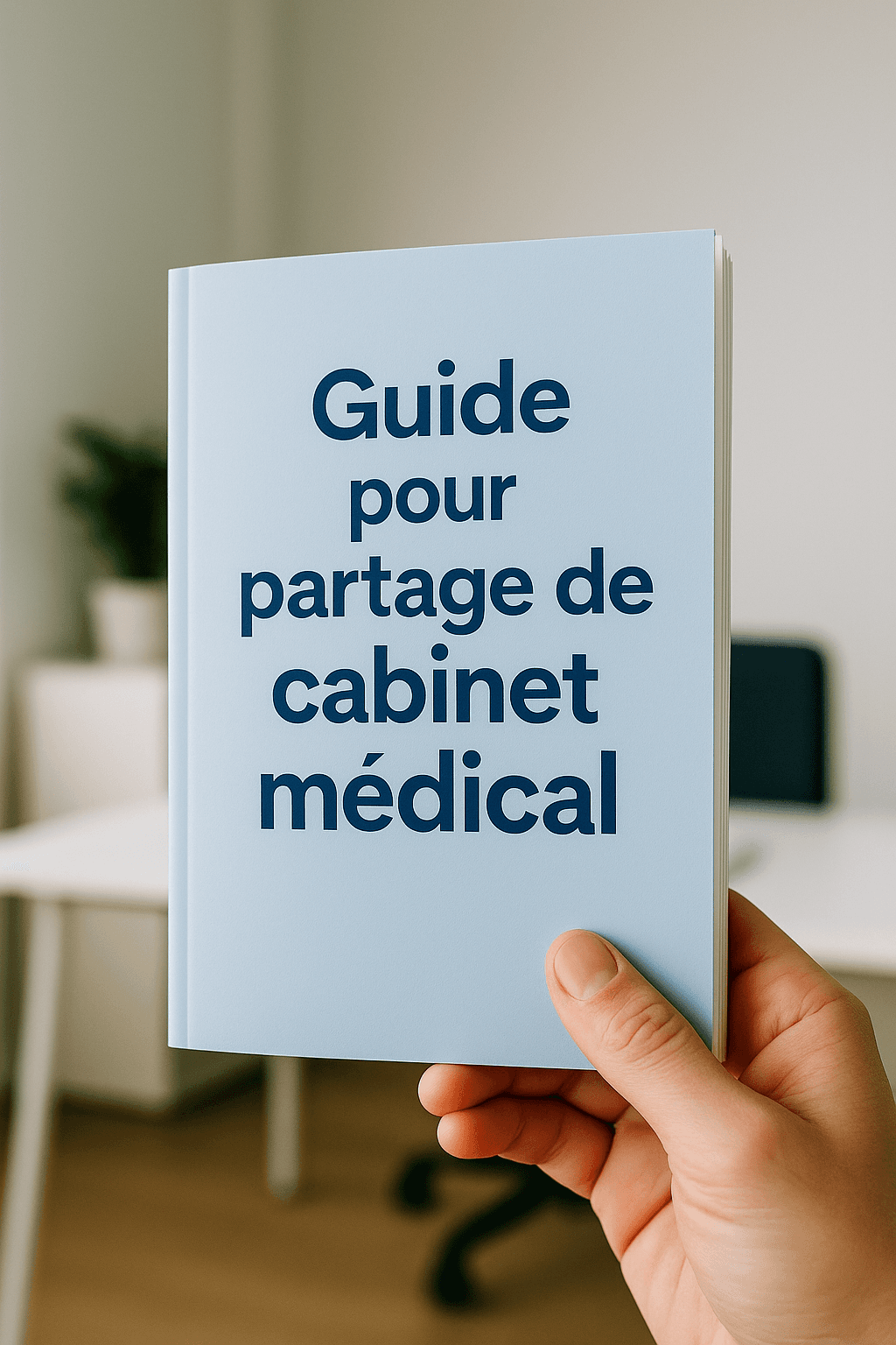 Une main tenant un livre nommé "guide pour partage de cabinet médical"
